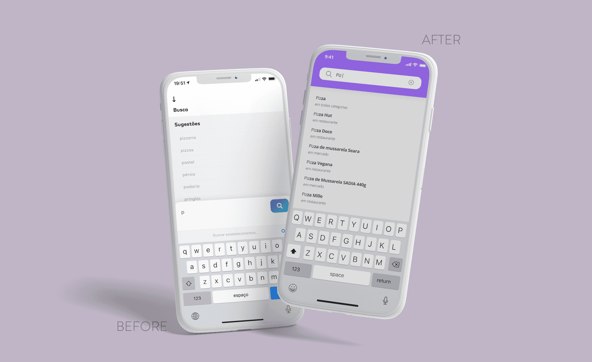 Antes e depois do autocomplete da busca
